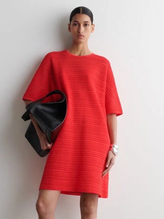 COS Dresses & Skirts - COS Boxy Crew Neck Pleated Cotton Blend Pullover Short Sleeve Mini Dress Red, S